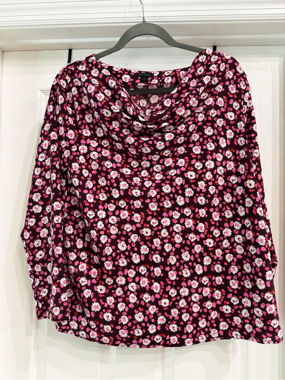 Ann Taylor Pink and White Floral Cowl Neck Long Sleeve Top